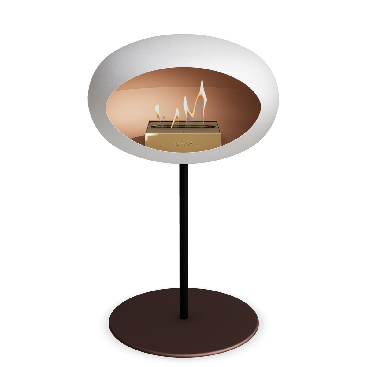 Bioethanol Standkamin Le Feu GROUND STEEL LOW freistehend 25 mm in Weiss mit Rohr Schwarz, Brenner Roségold und Bodenplatte Mokka