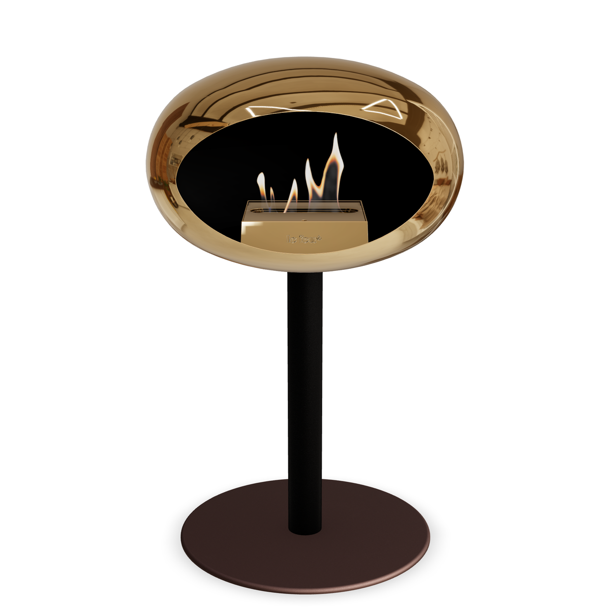 Bioethanol Standkamin Le Feu GROUND STEEL LOW freistehend 60 mm in Chrom Roségold mit Rohr Schwarz, Brenner Roségold und Bodenplatte Mokka