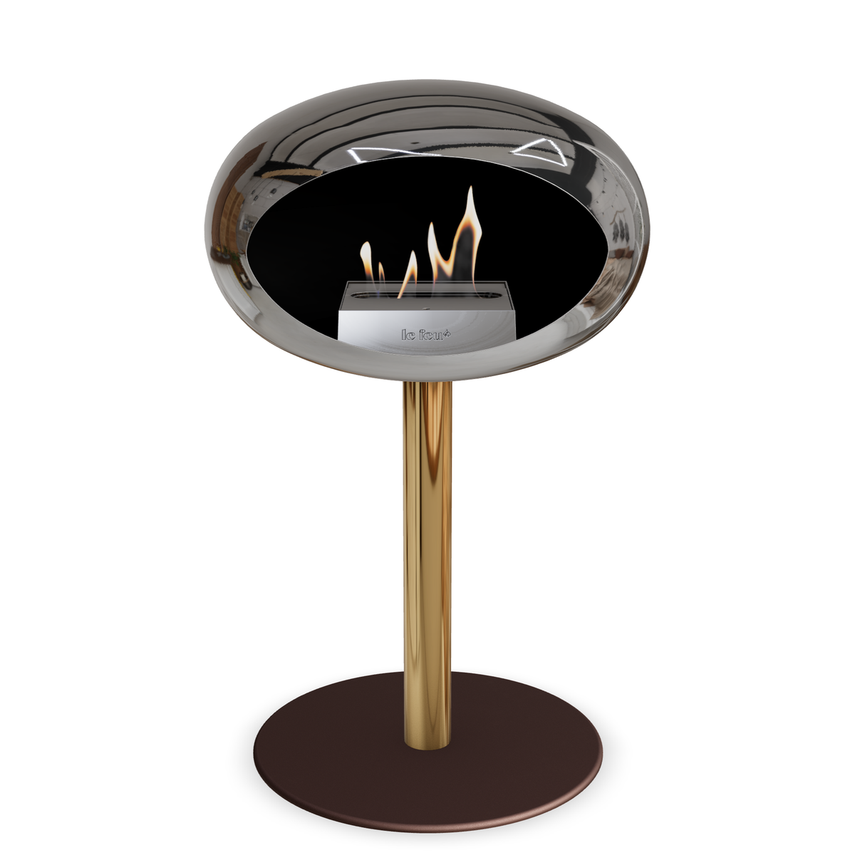 Bioethanol Standkamin Le Feu GROUND STEEL LOW freistehend 60 mm in Chrom Silber mit Rohr Roségold, Brenner Roségold und Bodenplatte Mokka