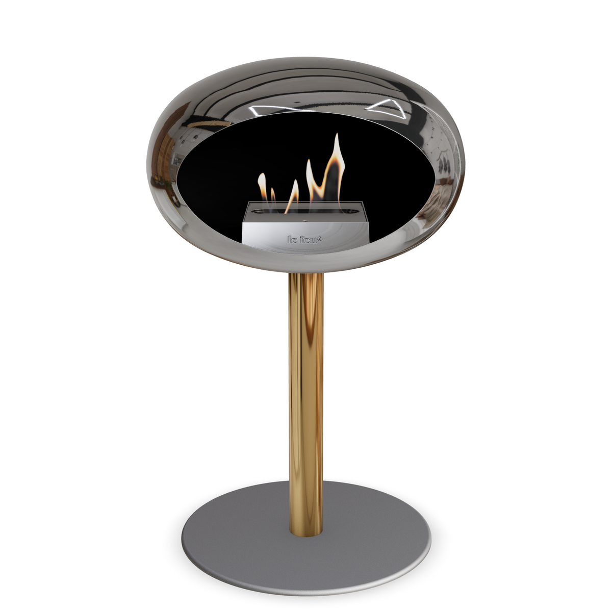 Bioethanol Standkamin Le Feu GROUND STEEL LOW freistehend 60 mm in Chrom Silber mit Rohr Roségold, Brenner Roségold und Bodenplatte Nickel