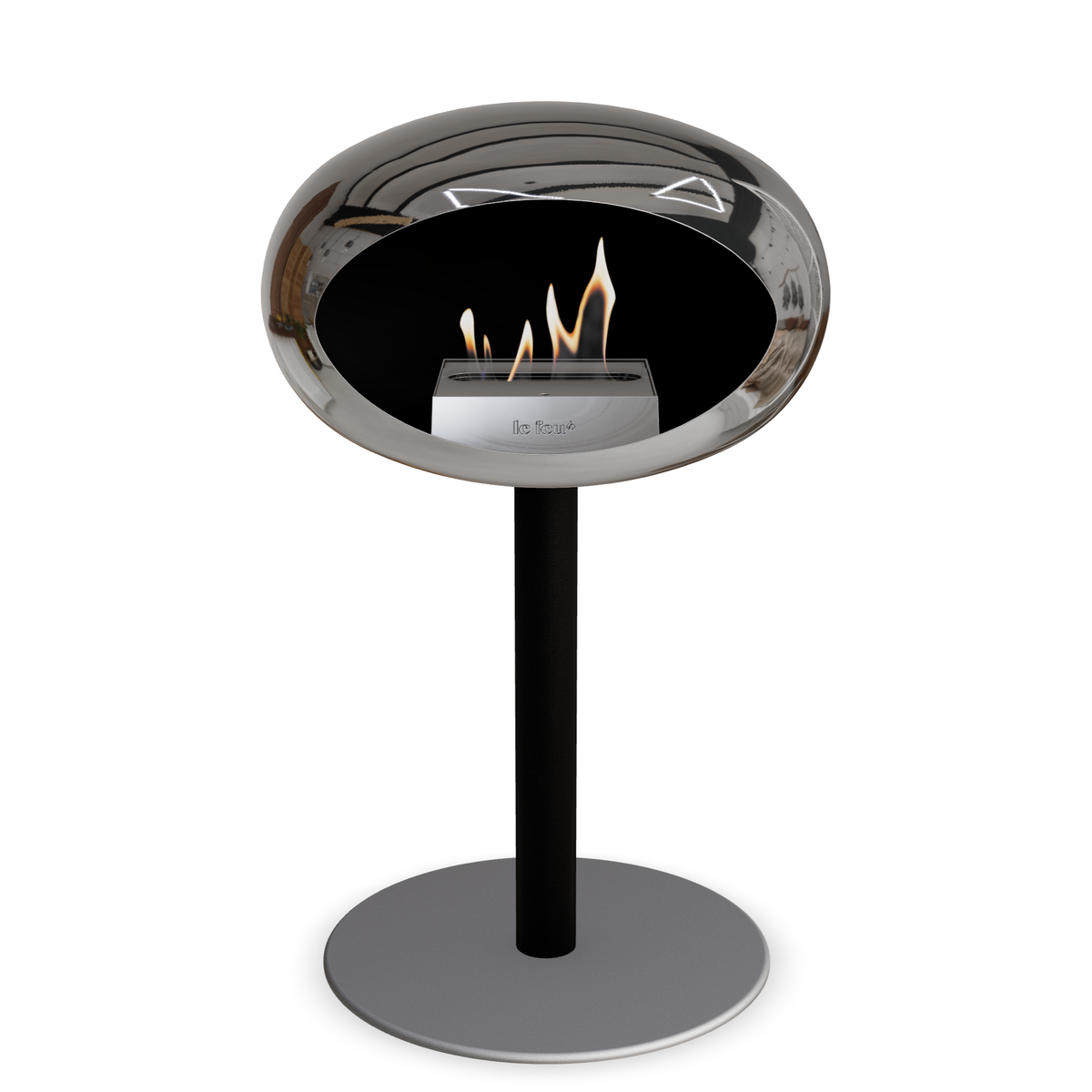 Bioethanol Standkamin Le Feu GROUND STEEL LOW freistehend 60 mm in Chrom Silber mit Rohr Schwarz, Brenner Roségold und Bodenplatte Nickel