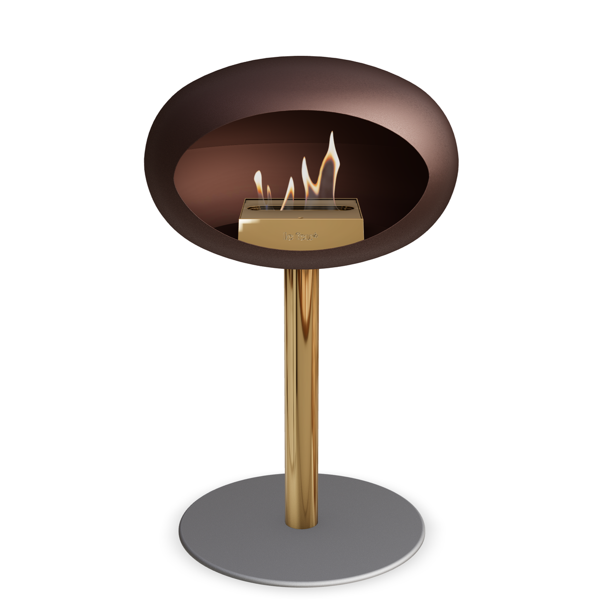 Bioethanol Standkamin Le Feu GROUND STEEL LOW freistehend 60 mm in Mokka mit Rohr Roségold, Brenner Roségold und Bodenplatte Nickel