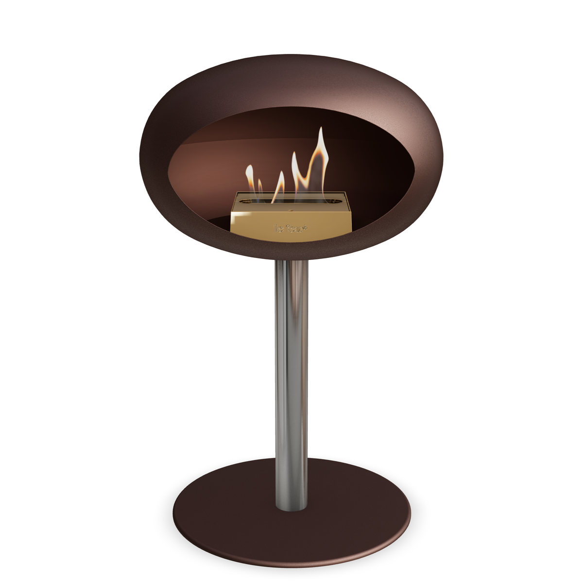 Bioethanol Standkamin Le Feu GROUND STEEL LOW freistehend 60 mm in Mokka mit Rohr Edelstahl, Brenner Roségold und Bodenplatte Mokka