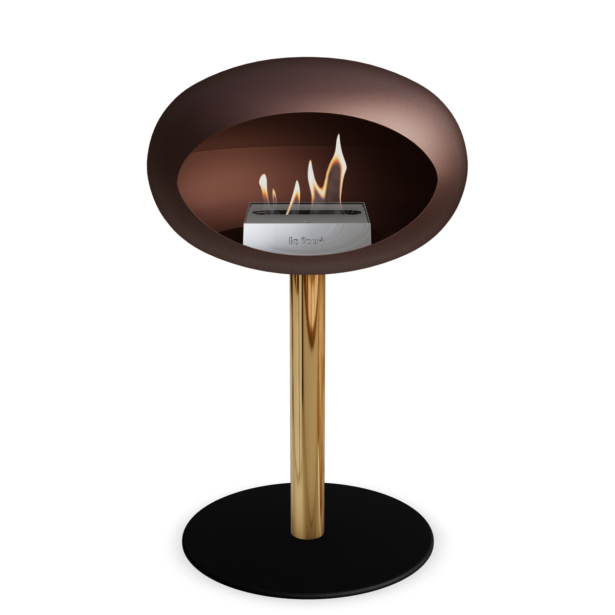 Bioethanol Standkamin Le Feu GROUND STEEL LOW freistehend 60 mm in Mokka mit Rohr Roségold, Brenner Edelstahl und Bodenplatte Schwarz