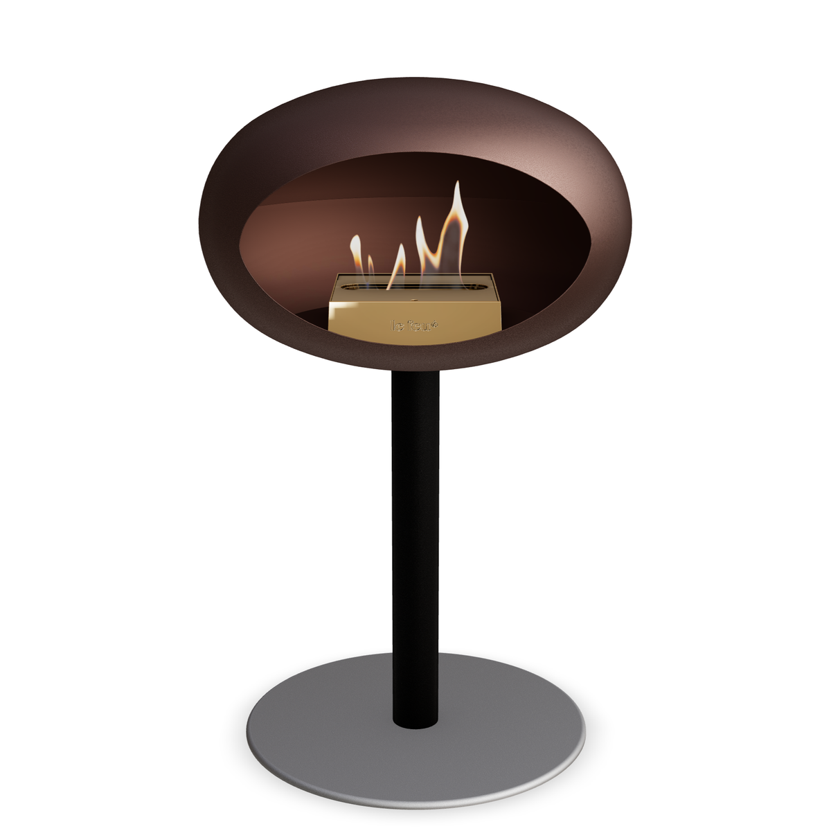 Bioethanol Standkamin Le Feu GROUND STEEL LOW freistehend 60 mm in Mokka mit Rohr Schwarz, Brenner Roségold und Bodenplatte Nickel