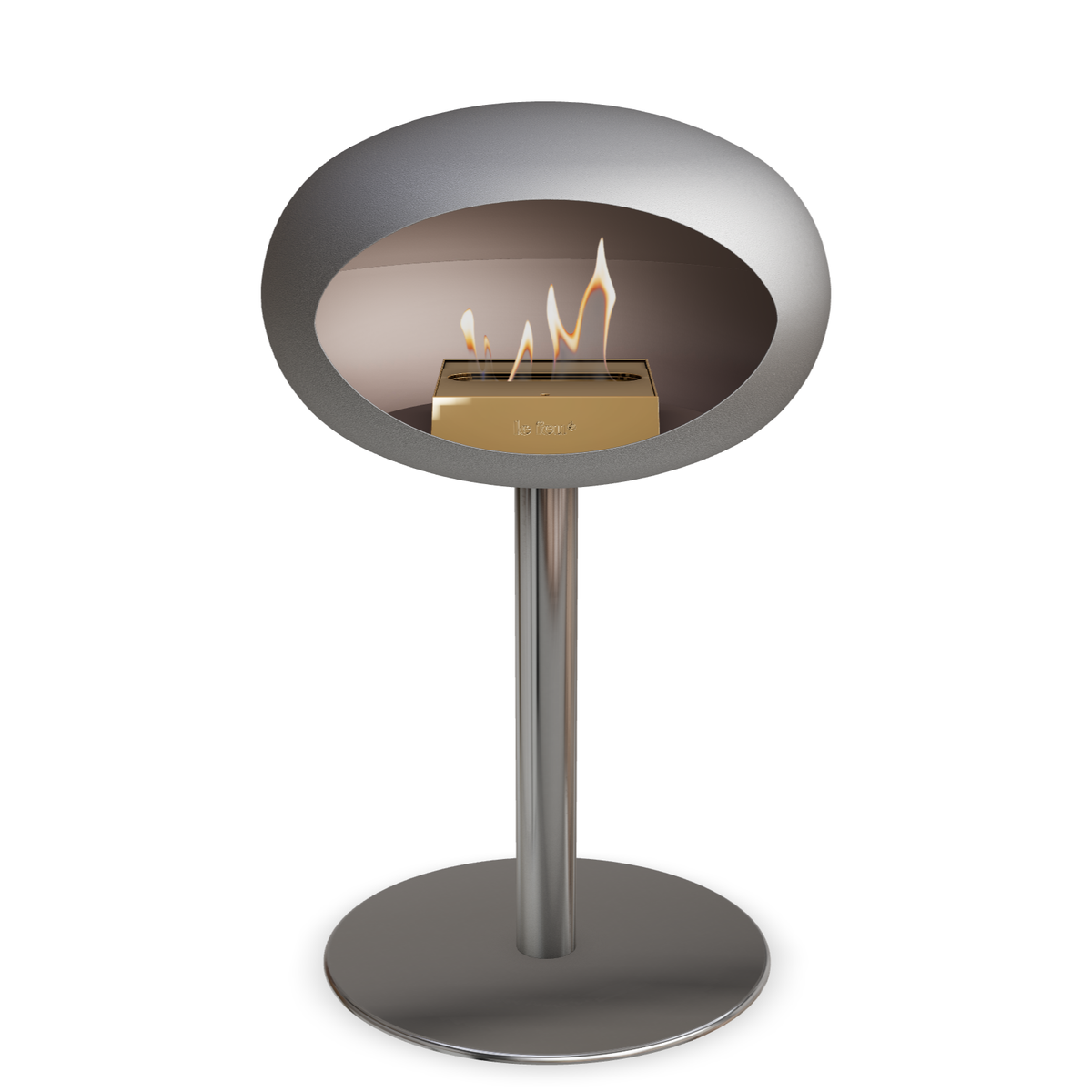 Bioethanol Standkamin Le Feu GROUND STEEL LOW freistehend 60 mm in Nickel mit Rohr Edelstahl, Brenner Roségold und Bodenplatte Edelstahl