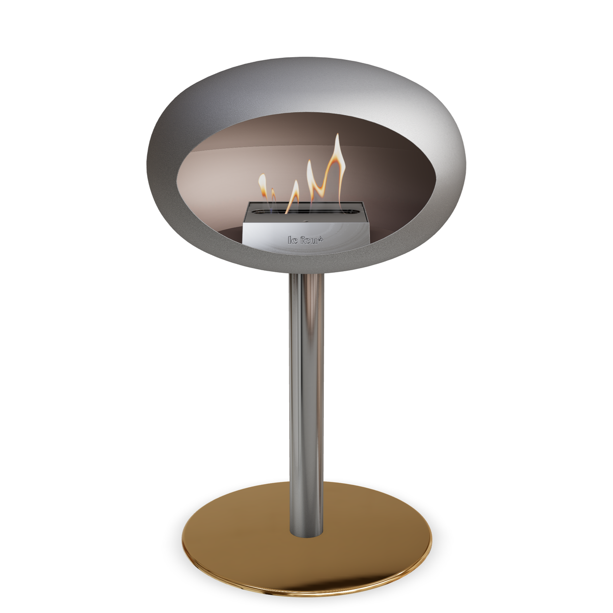 Bioethanol Standkamin Le Feu GROUND STEEL LOW freistehend 60 mm in Nickel mit Rohr Edelstahl, Brenner Edelstahl und Bodenplatte Roségold