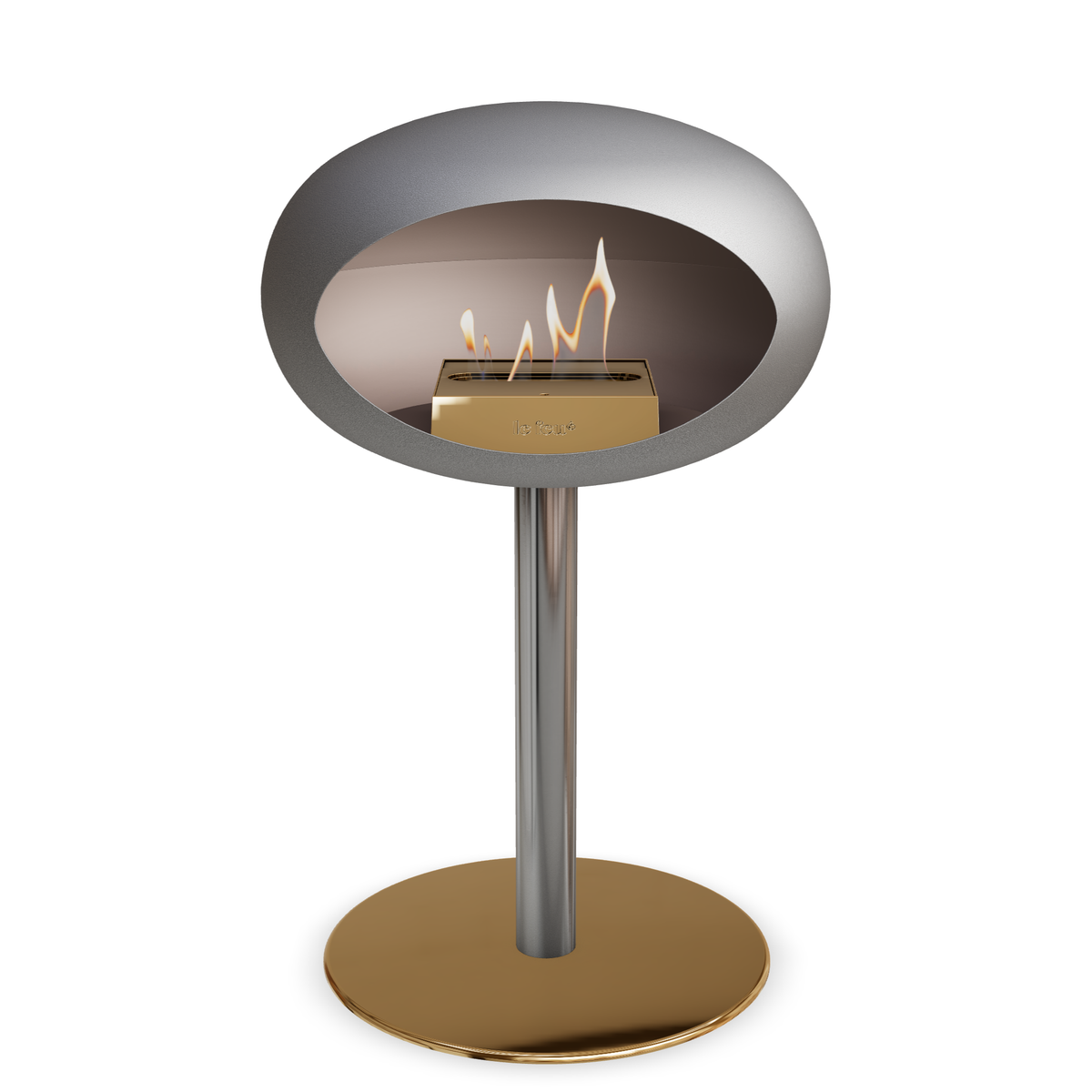Bioethanol Standkamin Le Feu GROUND STEEL LOW freistehend 60 mm in Nickel mit Rohr Edelstahl, Brenner Roségold und Bodenplatte Roségold