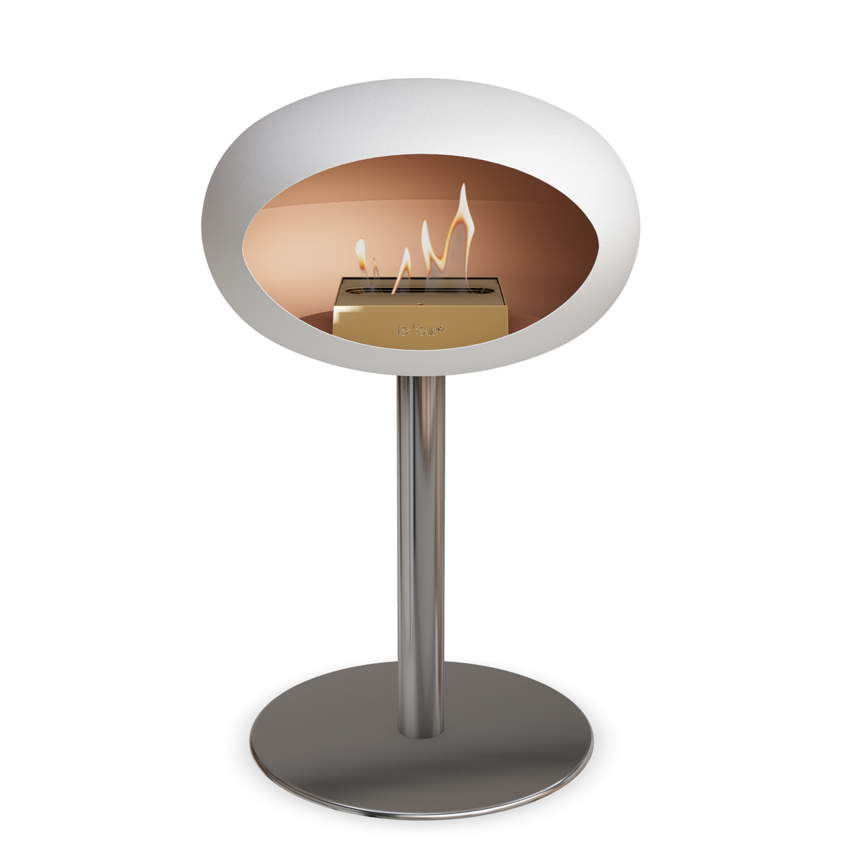 Bioethanol Standkamin Le Feu GROUND STEEL LOW freistehend 60 mm in Weiss mit Rohr Edelstahl, Brenner Roségold und Bodenplatte Edelstahl