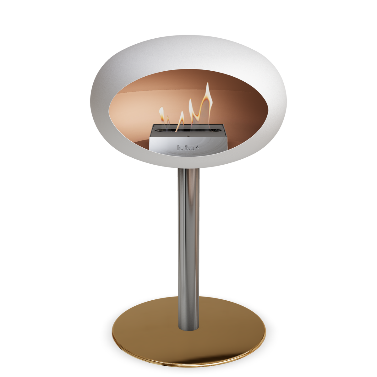 Bioethanol Standkamin Le Feu GROUND STEEL LOW freistehend 60 mm in Weiss mit Rohr Edelstahl, Brenner Edelstahl und Bodenplatte Roségold