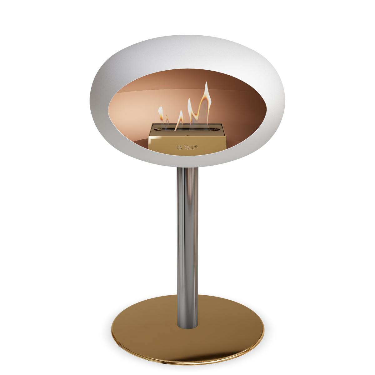 Bioethanol Standkamin Le Feu GROUND STEEL LOW freistehend 60 mm in Weiss mit Rohr Edelstahl, Brenner Roségold und Bodenplatte Roségold