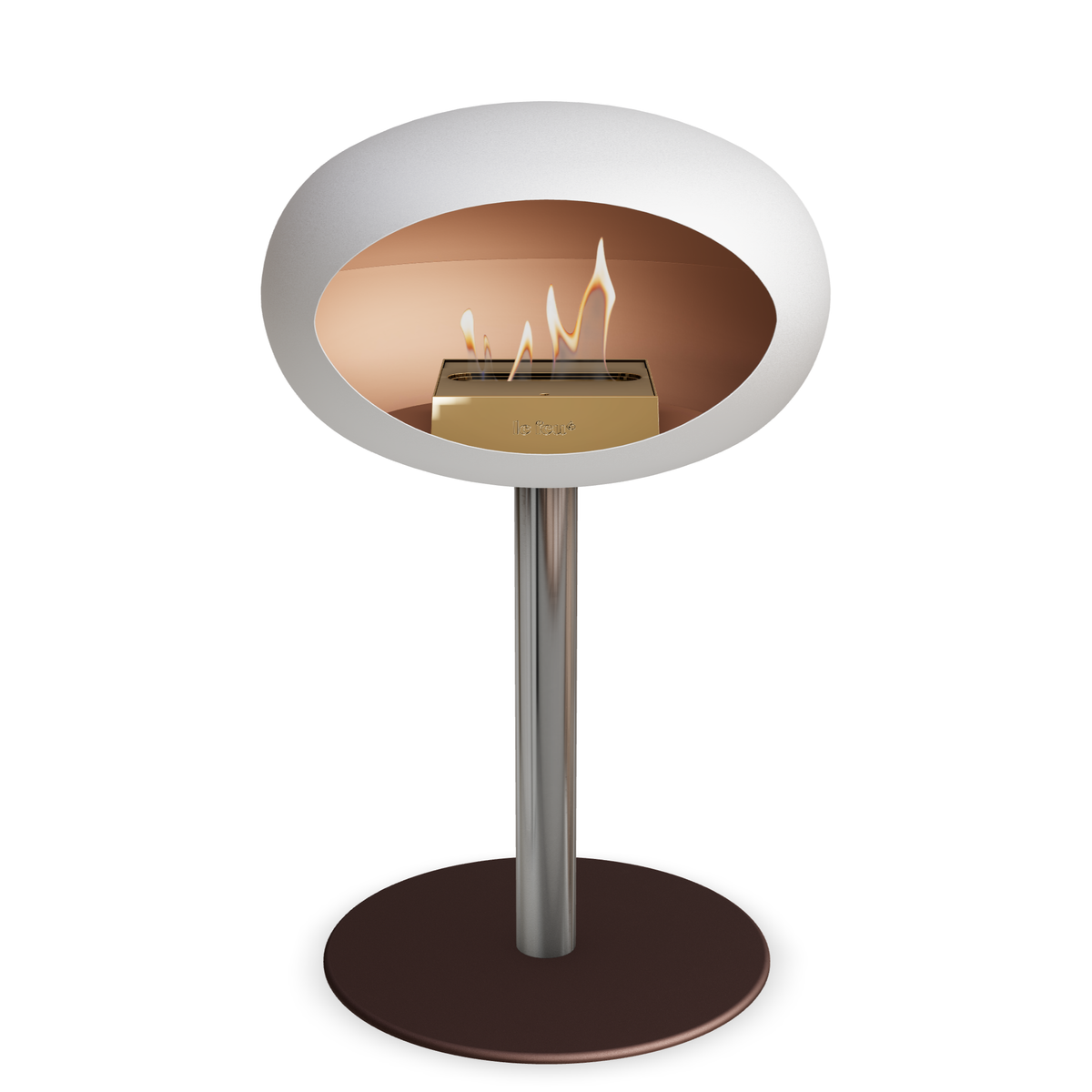 Bioethanol Standkamin Le Feu GROUND STEEL LOW freistehend 60 mm in Weiss mit Rohr Edelstahl, Brenner Roségold und Bodenplatte Mokka