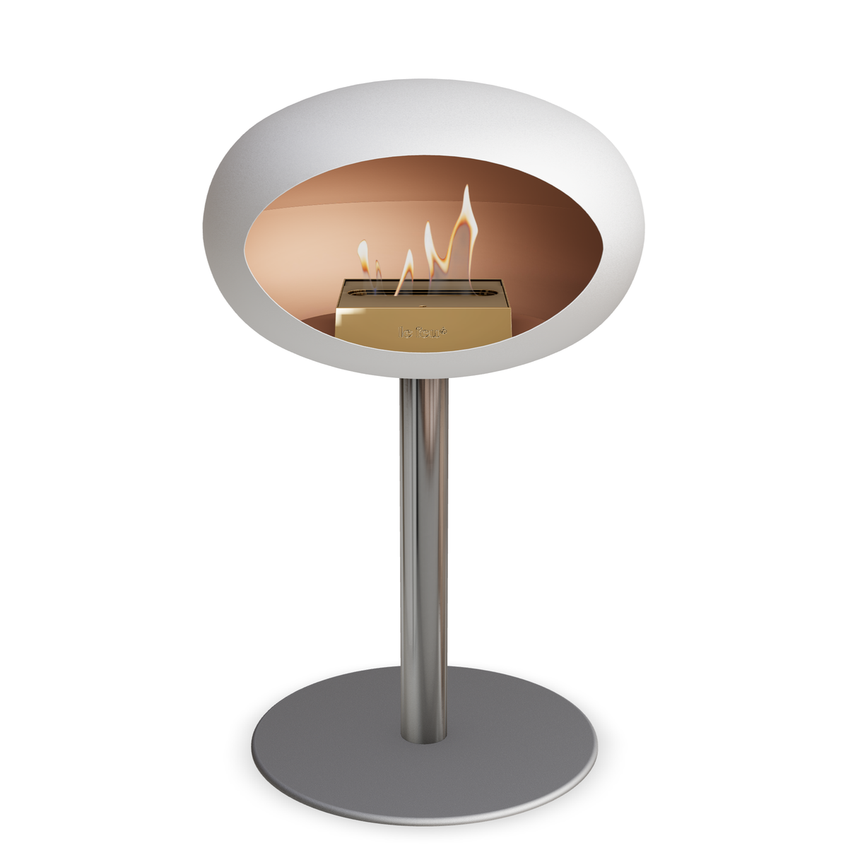 Bioethanol Standkamin Le Feu GROUND STEEL LOW freistehend 60 mm in Weiss mit Rohr Edelstahl, Brenner Roségold und Bodenplatte Nickel