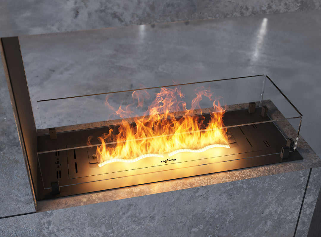 Dreiseitiger Bioethanol Einbau Kamin Ofen Inside U Slim Raumteiler Trockenbau mit Glas Draufsicht Flammen