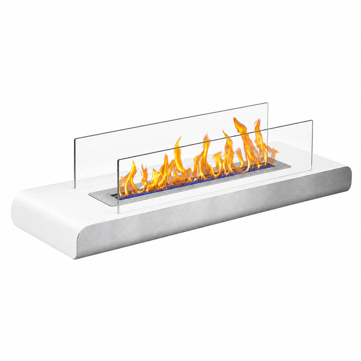 WIKAO Bioethanol Tischkamin SAND Tischfeuer in Weiß und Edelstahloptik mit Glas, seitlich