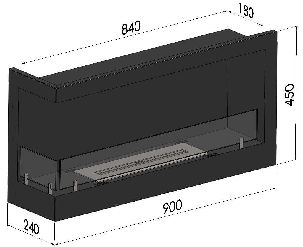 3D Modell mit Abmessungen Bioethanol Einbau Eckkamin CORNER L900 SimpleFire InFire Einbaukamin Ecke Links