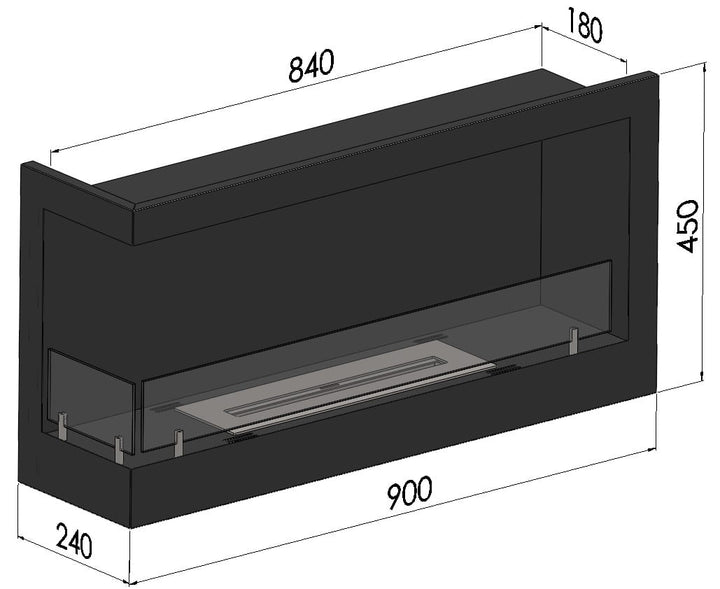 3D Modell mit Abmessungen Bioethanol Einbau Eckkamin CORNER L900 SimpleFire InFire Einbaukamin Ecke Links