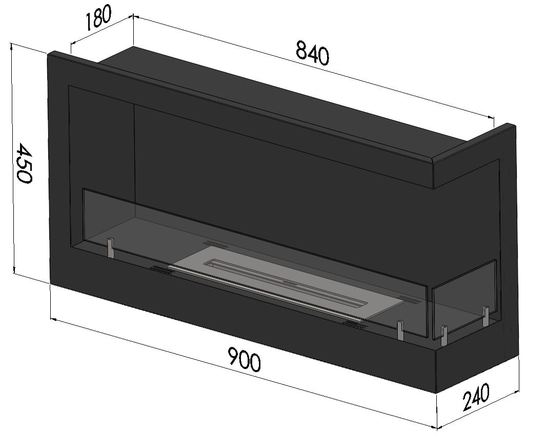 3D Modell mit Abmessungen Bioethanol Einbau Eckkamin Corner 900 Rechts SimpleFire InFire