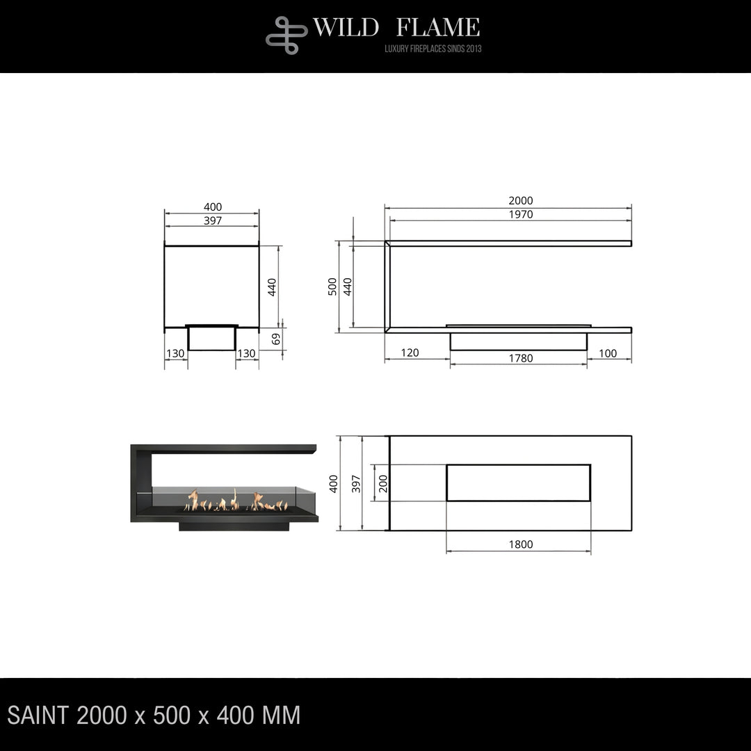 Dreiseitiger Bioethanol Einbaukamin U - SAINT 200