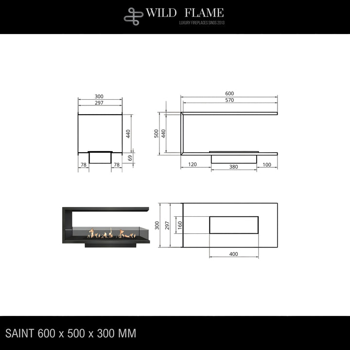 Dreiseitiger Bioethanol Einbaukamin U - SAINT 60