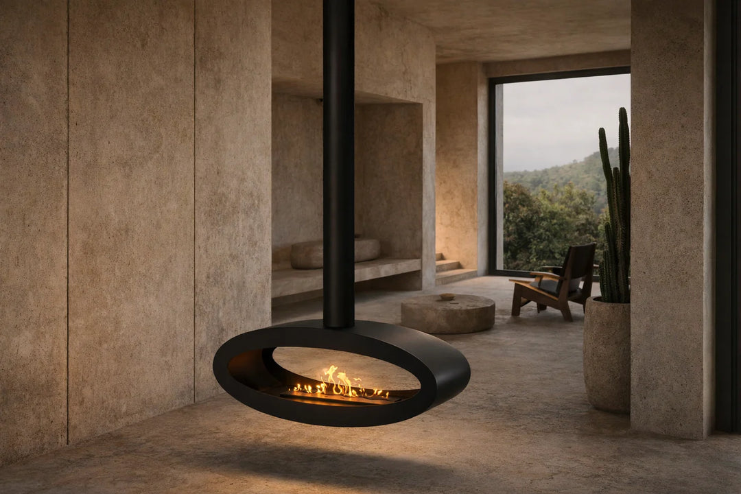 Bioethanol Deckenkamin Haengekamin Decke Kamin Ethanol Deckenmontage TUBE 2Side 100cm Wild Flame Villa Sandstein Mediterran