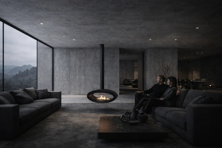 Bioethanol Deckenkamin Haengekamin Decke Kamin Ethanol Deckenmontage TUBE 2Side 100cm Wild Flame Wohnzimmer Beton Modern Paar