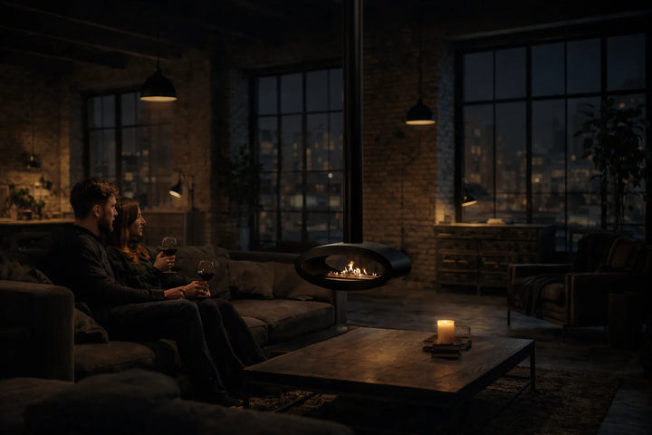 Bioethanol Deckenkamin Haengekamin Decke Kamin Ethanol Deckenmontage TUBE 2Side Schwarz 80cm Wild Flame Wohnzimmer Abend Paar 