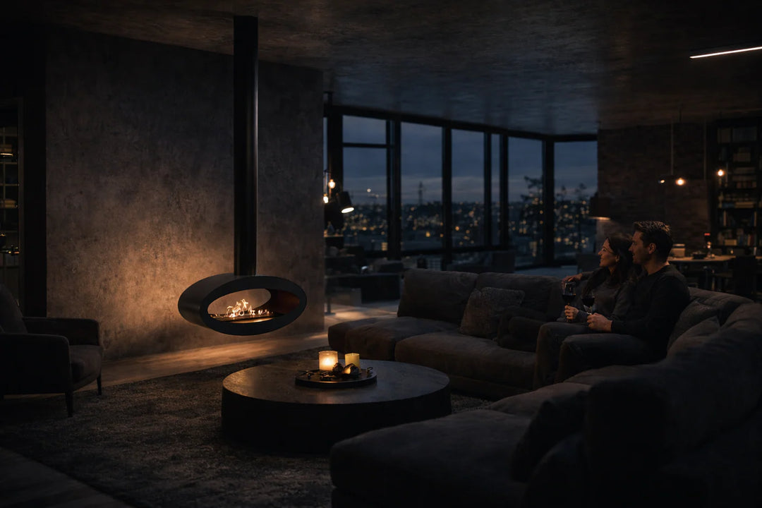 Bioethanol Deckenkamin Haengekamin Decke Kamin Ethanol Deckenmontage TUBE 2Side Schwarz 80cm Wild Flame Wohnzimmer Abend Paar Penthouse