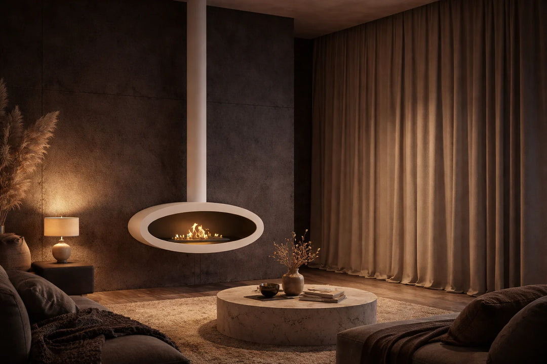 Bioethanol Deckenkamin Haengekamin Decke Kamin Ethanol Deckenmontage TUBE 2Side Weiss 100cm Wild Flame Wohnzimmer Modern Beige