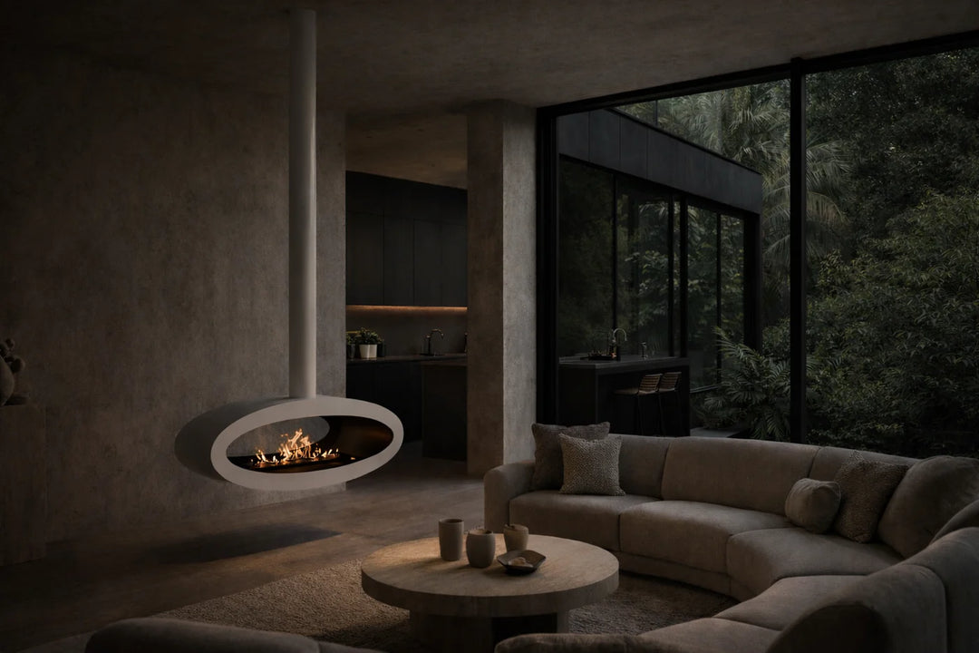 Bioethanol Deckenkamin Haengekamin Decke Kamin Ethanol Deckenmontage TUBE 2Side Weiss 100cm Wild Flame Wohnzimmer Modern Natur