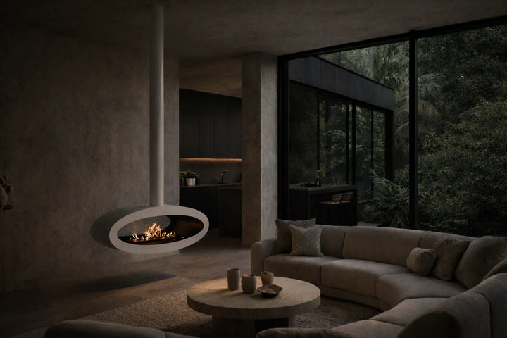 Bioethanol Deckenkamin Haengekamin Decke Kamin Ethanol Deckenmontage TUBE 2Side Weiss 100cm Wild Flame Wohnzimmer Modern Natur