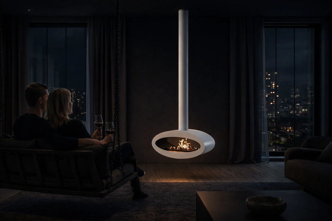 Bioethanol Deckenkamin Haengekamin Decke Kamin Ethanol Deckenmontage TUBE 2Side Weiss 80cm Wild Flame Wohnzimmmer Abend 