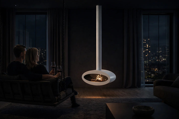 Bioethanol Deckenkamin Haengekamin Decke Kamin Ethanol Deckenmontage TUBE 2Side Weiss 80cm Wild Flame Wohnzimmmer Abend 