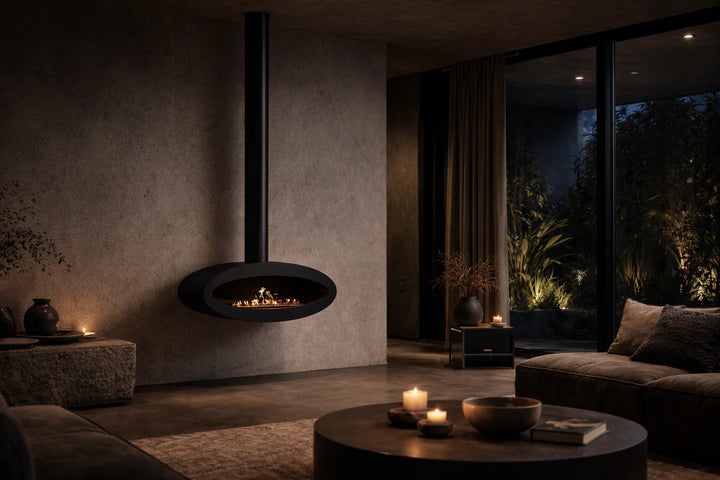 Bioethanol Deckenkamin Haengekamin Decke Kamin Ethanol Deckenmontage TUBE Schwarz 100cm Wild Flame Wohnzimmer Abend Modern