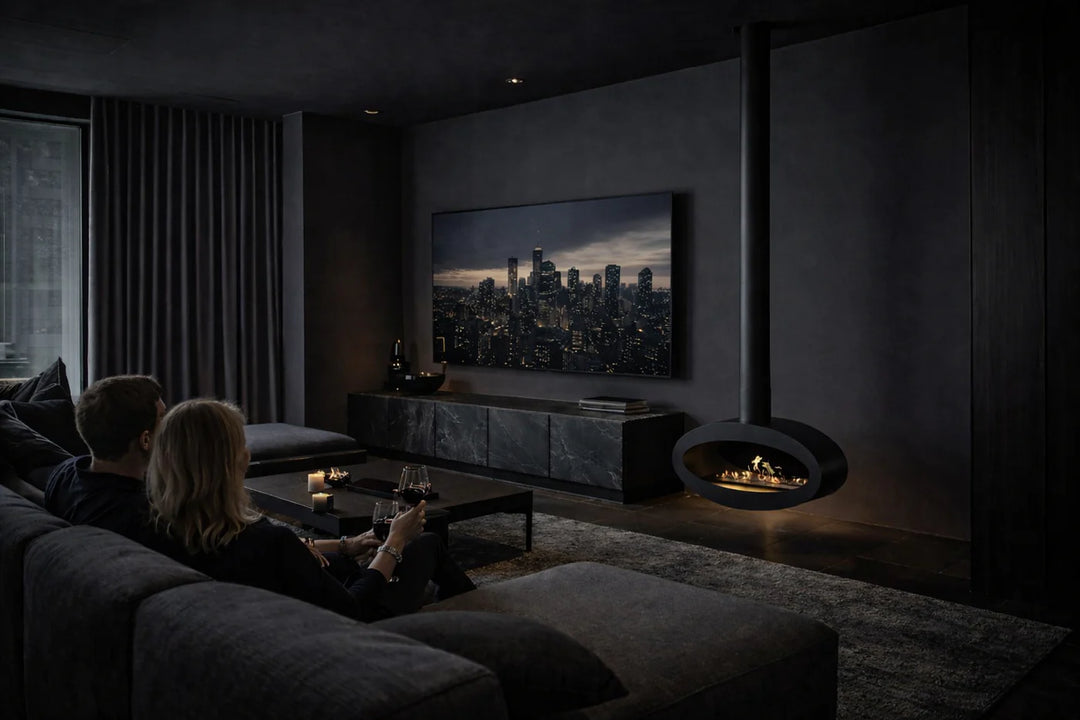 Bioethanol Deckenkamin Haengekamin Decke Kamin Ethanol Deckenmontage TUBE Schwarz 80cm Wild Flame Wohnzimmer Modern Luxus Dunkel