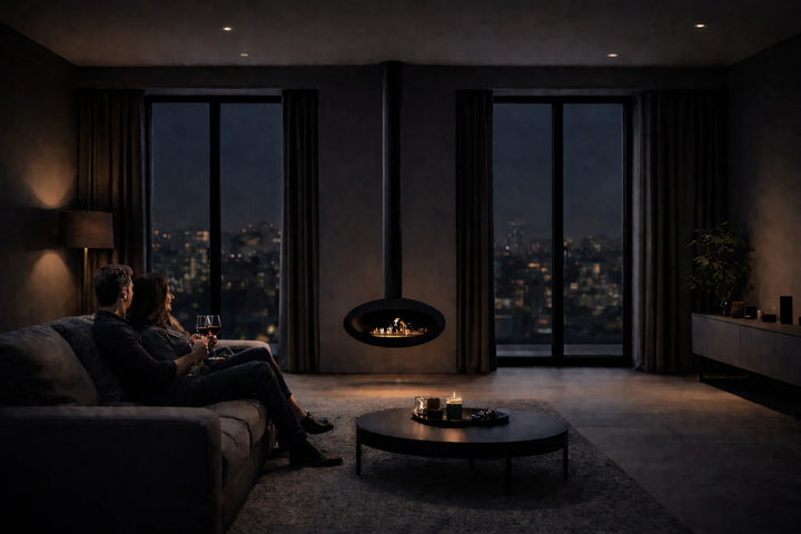 Bioethanol Deckenkamin Haengekamin Decke Kamin Ethanol Deckenmontage TUBE Schwarz 80cm Wild Flame Wohnzimmer Penthouse Abend 