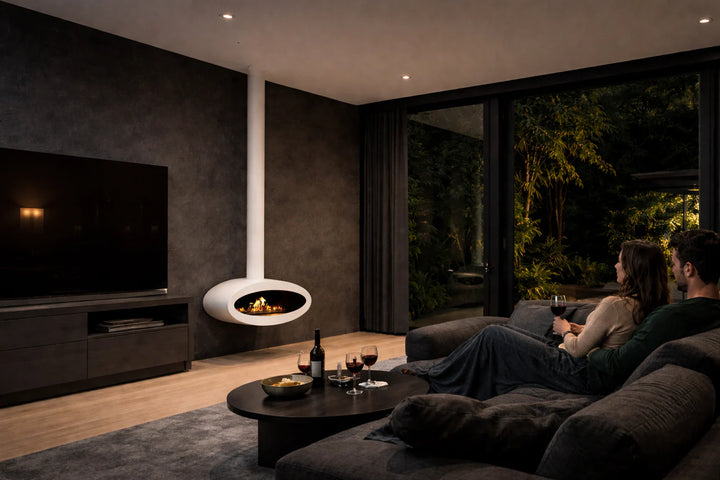 Bioethanol Deckenkamin Haengekamin Decke Kamin Ethanol Deckenmontage TUBE Weiss 80cm Wild Flame Wohnzimmer Modern Abend