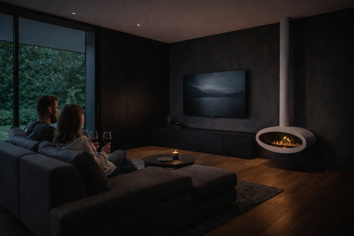 Bioethanol Deckenkamin Haengekamin Decke Kamin Ethanol Deckenmontage TUBE Weiss 80cm Wild Flame Wohnzimmer Modern Dunkel