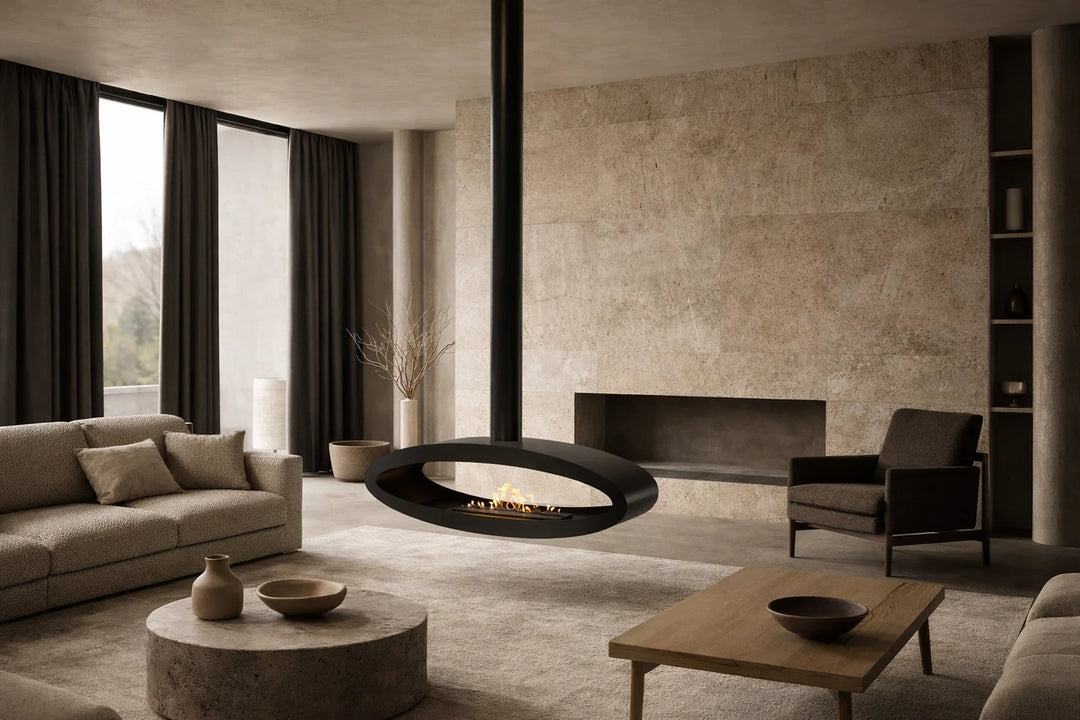 Bioethanol Deckenkamin Haengekamin Ethanol Kamin Decke TUBE 2SIDE XXL 120cm Schwarz Wild Flame Wohnzimmer Luxus Minimalitstisch Beige