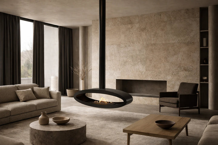 Bioethanol Deckenkamin Haengekamin Ethanol Kamin Decke TUBE 2SIDE XXL 120cm Schwarz Wild Flame Wohnzimmer Luxus Minimalitstisch Beige