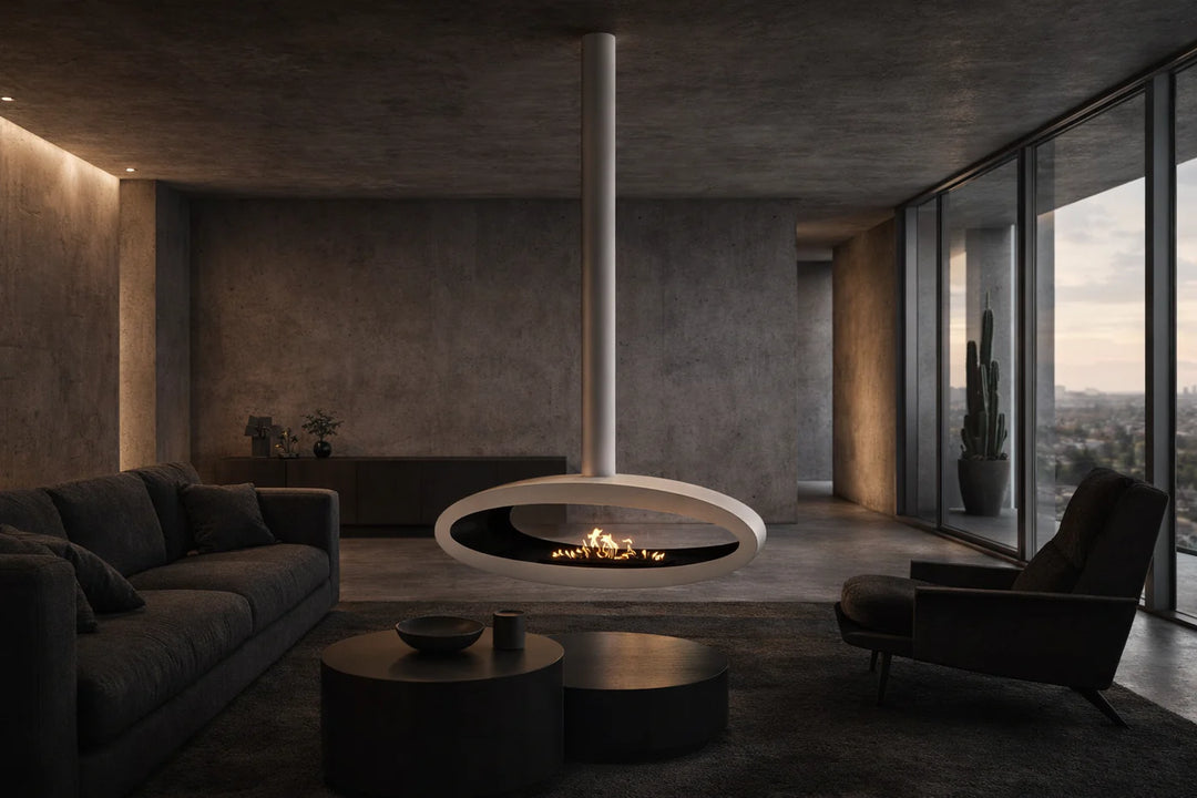 Bioethanol Deckenkamin Haengekamin Ethanol Kamin Decke TUBE 2SIDE XXL 120cm Weiss Wild Flame Deckenmontage Wohnzimmer Brutalistisch 