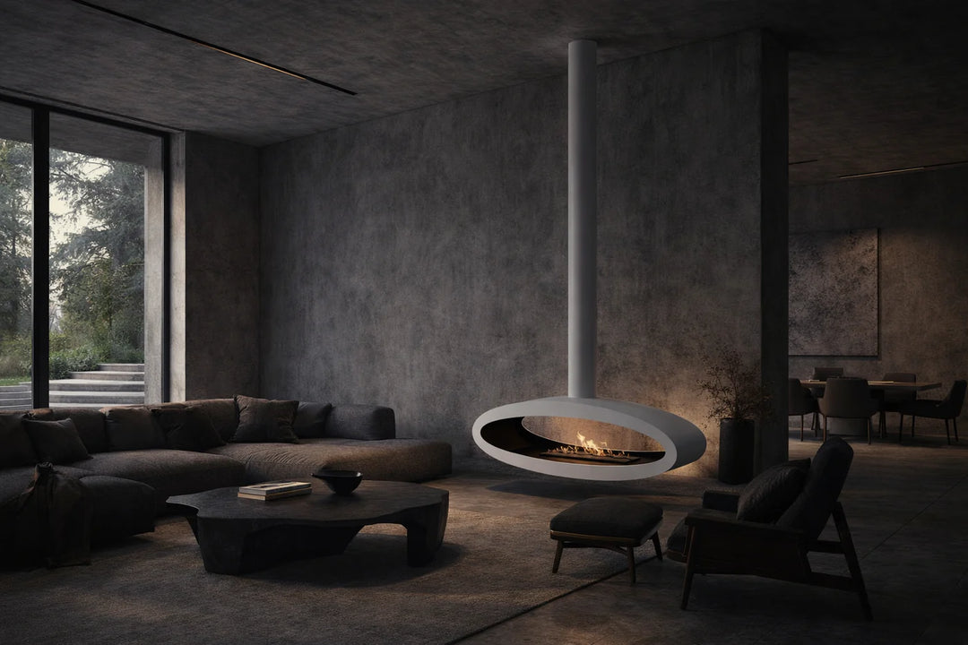 Bioethanol Deckenkamin Haengekamin Ethanol Kamin Decke TUBE 2SIDE XXL 120cm Weiss Wild Flame Deckenmontage Wohnzimmer Dunkel Modern