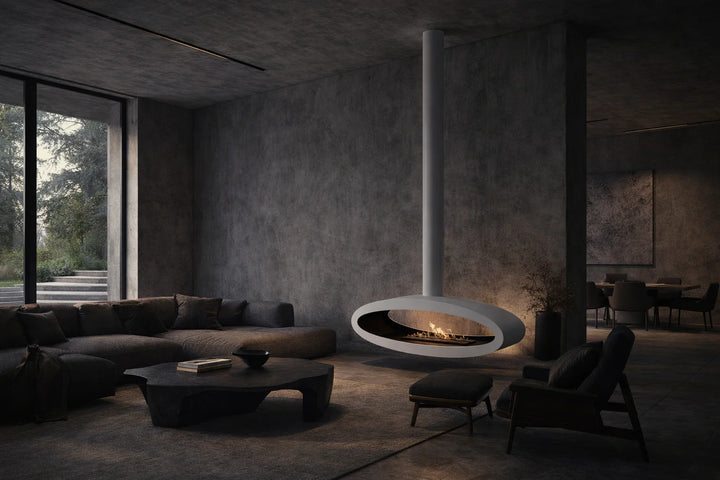 Bioethanol Deckenkamin Haengekamin Ethanol Kamin Decke TUBE 2SIDE XXL 120cm Weiss Wild Flame Deckenmontage Wohnzimmer Dunkel Modern