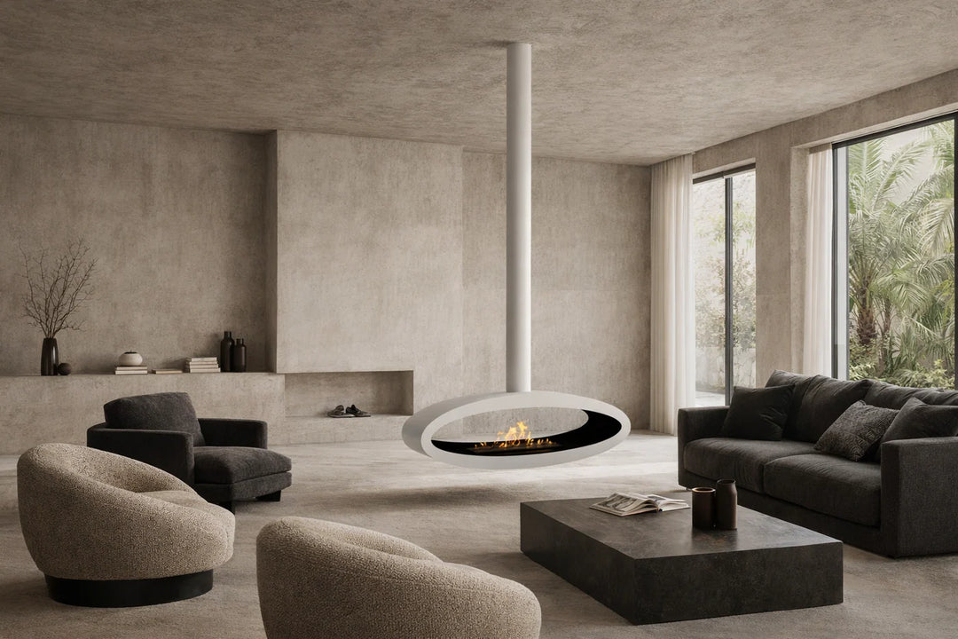 Bioethanol Deckenkamin Haengekamin Ethanol Kamin Decke TUBE 2SIDE XXL 120cm Weiss Wild Flame Deckenmontage Wohnzimmer Hell Beige Modern Luxus