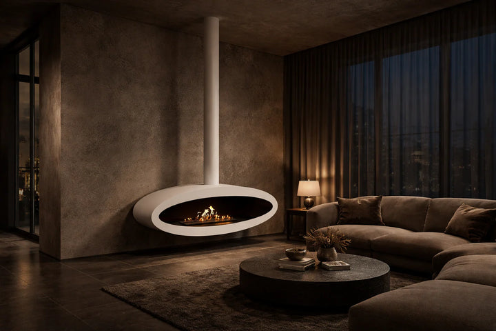 Bioethanol Deckenkamin Haengekamin Ethanol Kamin Decke TUBE XXL 120cm Weiss Wild Flame Deckenmontag Oval Wohnzimmer Luxus