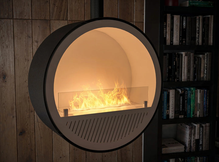 Bioethanol Deckenkamin INCYCLE Slim InFire SlimFire Weiss Bio Ethanol Decke Deckenmontage Kamin Wohnzimmer Buchregal Nahaufnahme