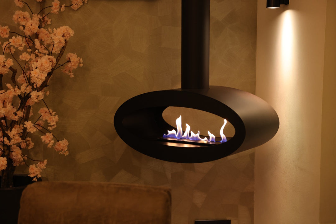 Bioethanol Deckenkamin TUBE 2SIDE Bio Ethanol Decken Kamin Ofen Deckenmontage Schwarz in Wohnzimmer Wild Flame Nah hängend