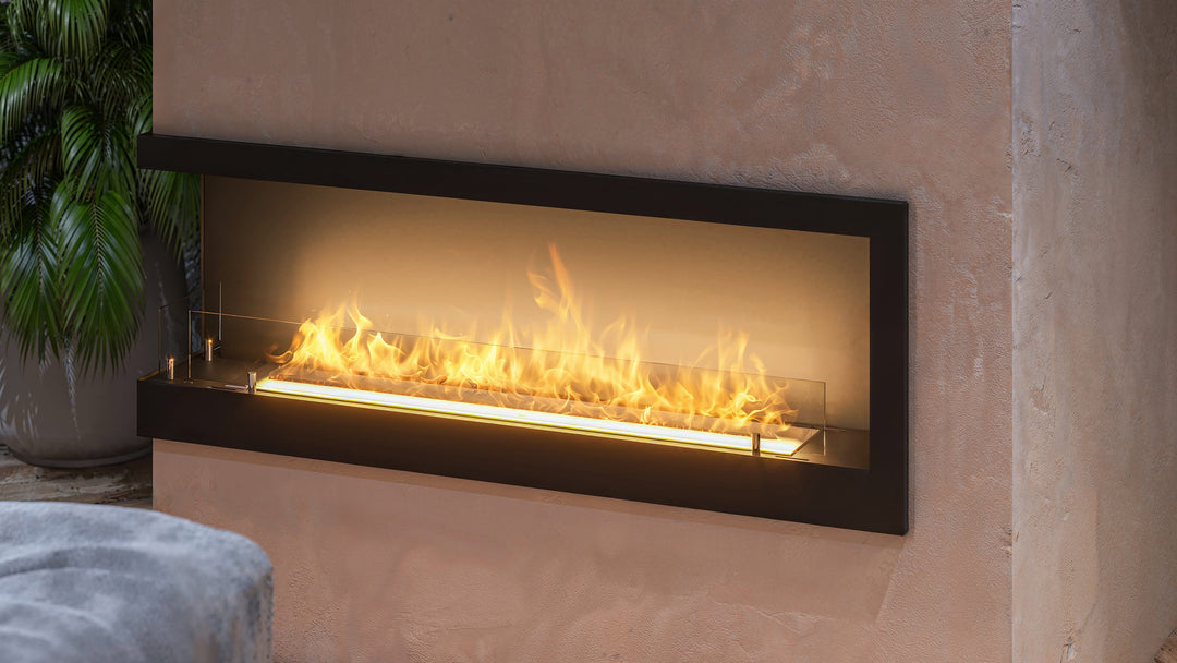 Bioethanol Eck Einbaukamin CORNER 1200 L Ecke Links SimpleFire InFire Glas Wohnzimmer Nahaufnahme