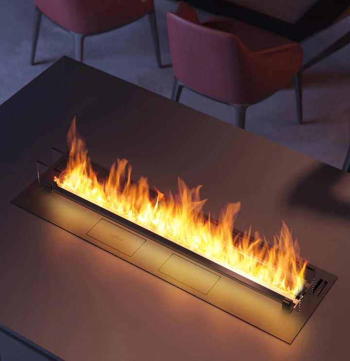 Bioethanol Einbau Brenner Einsatz Kassette ETRONIC 1000 von InFire App Fernbedienung Pumpe Automatisch Essbereich Raumteiler Draufsicht