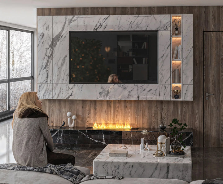 Bioethanol Einbau Brenner Einsatz Kassette ETRONIC 1000 von InFire App Fernbedienung Pumpe Automatisch Wohnzimmer Marmor TV Wand Luxus